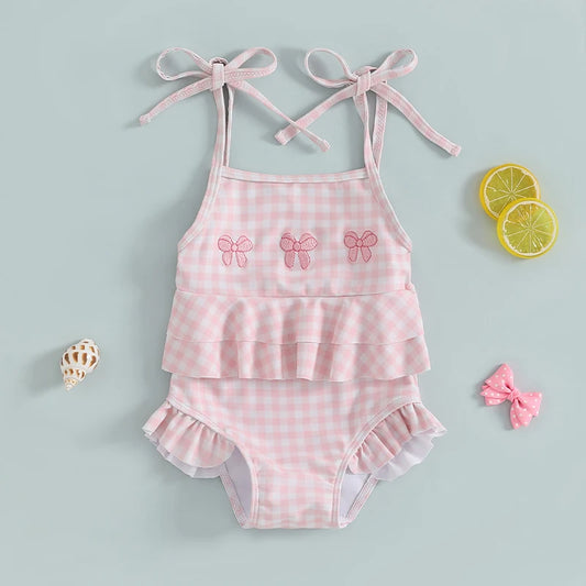 0-3Years Toddler Baby Girl Swimsuit Plaid/Floral Print Sleeveless Slips Romper Dress Bathing Suit Kid Ruffled Beachwear Swimwear